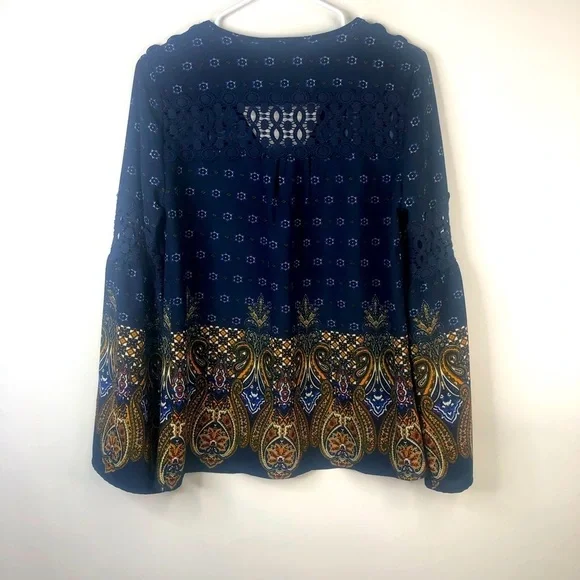 Charlotte Russe navy blue pattern cut lace detail v neck long sleeve top S - Picture 5 of 9